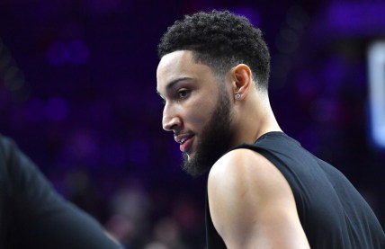 Mar 10, 2022; Philadelphia, Pennsylvania, USA; Brooklyn Nets guard Ben Simmons (10) during warmups against the Philadelphia 76ers at Wells Fargo Center. Mandatory Credit: Eric Hartline-USA TODAY Sports