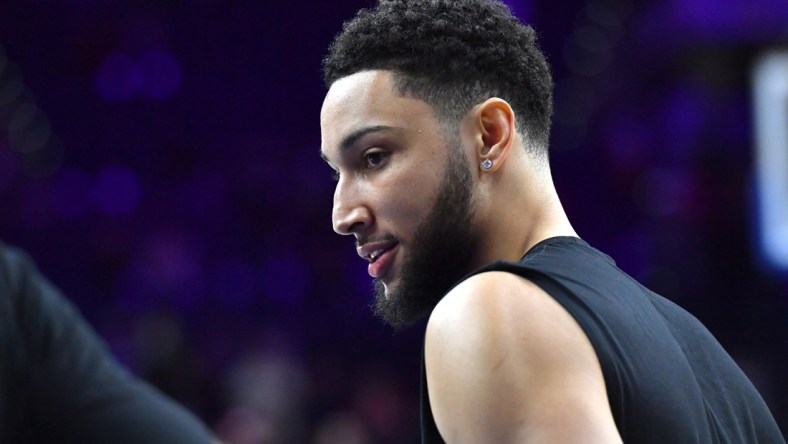 Mar 10, 2022; Philadelphia, Pennsylvania, USA; Brooklyn Nets guard Ben Simmons (10) during warmups against the Philadelphia 76ers at Wells Fargo Center. Mandatory Credit: Eric Hartline-USA TODAY Sports