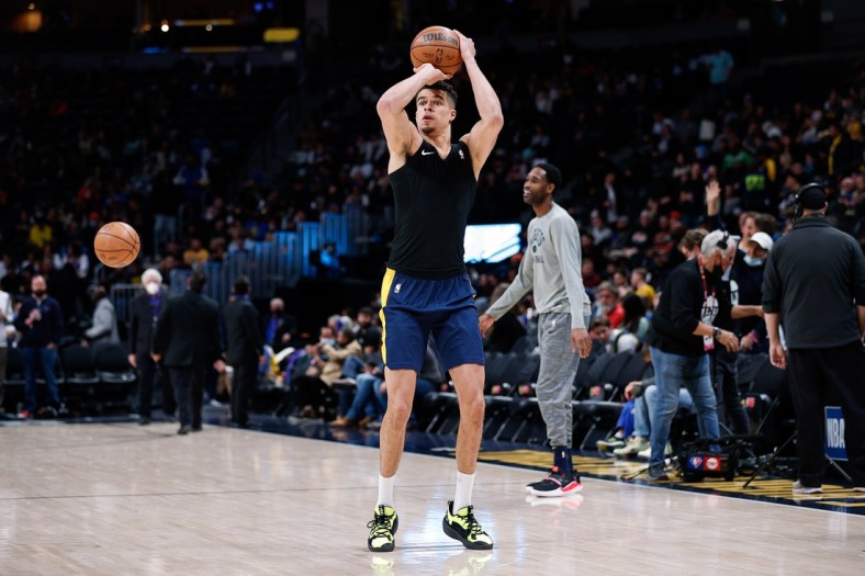 Mar 10, 2022; Denver, Colorado, USA; Denver Nuggets forward Michael Porter Jr. (1) warms up before the game against the Golden State Warriors at Ball Arena. Mandatory Credit: Isaiah J. Downing-USA TODAY Sports