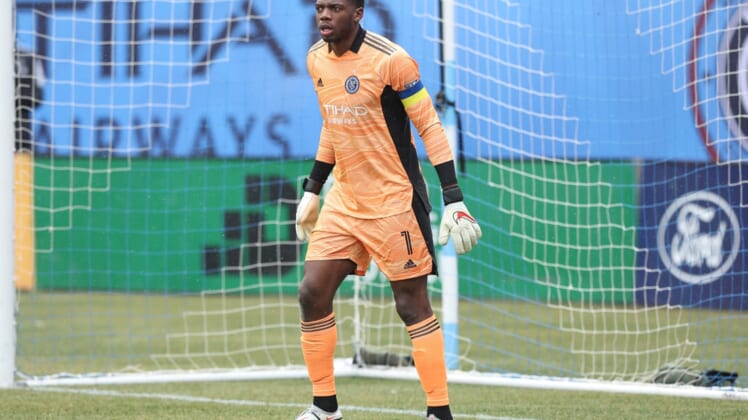 Mar 12, 2022; New York, New York, USA; New York City FC goalkeeper Sean Johnson (1) in action during the first half against CF Montreal at Yankee Stadium. Mandatory Credit: Vincent Carchietta-USA TODAY Sports
