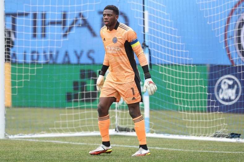 Mar 12, 2022; New York, New York, USA; New York City FC goalkeeper Sean Johnson (1) in action during the first half against CF Montreal at Yankee Stadium. Mandatory Credit: Vincent Carchietta-USA TODAY Sports