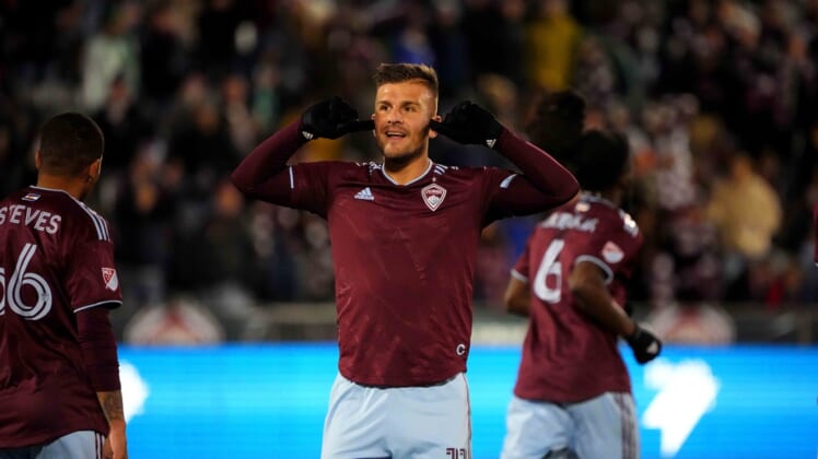 Mar 12, 2022; Commerce City, Colorado, USA; Colorado Rapids forward Diego Rubio (11) celebrates his goal in the first half against the Sporting Kansas City at Dick's Sporting Goods Park. Mandatory Credit: Ron Chenoy-USA TODAY Sports