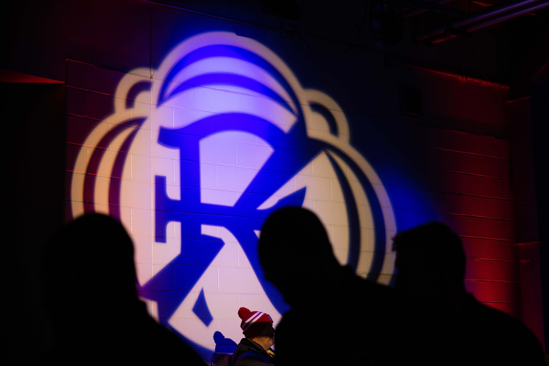 Mar 12, 2022; Foxborough, Massachusetts, USA; The new New England Revolution logo displayed before the New England Revolution play Real Salt Lake at Gillette Stadium. Mandatory Credit: Paul Rutherford-USA TODAY Sports