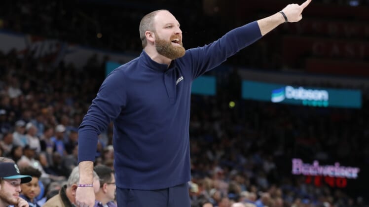 Mar 13, 2022; Oklahoma City, Oklahoma, USA; Memphis Grizzlies head coach Taylor Jenkins directs his team on a play against the Oklahoma City Thunder during the second half at Paycom Center. Memphis won 125-118. Mandatory Credit: Alonzo Adams-USA TODAY Sports