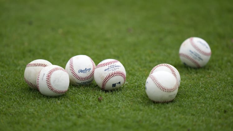 Mar 15, 2022; West Palm Beach, FL, USA; A general view of baseballs on the field during Houston Astros spring training work outs at The Ballpark of the Palm Beaches. Mandatory Credit: Jasen Vinlove-USA TODAY Sports
