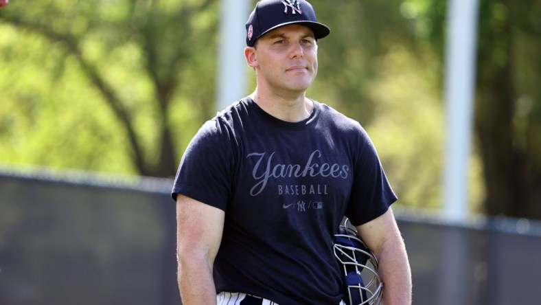 Mar 15, 2022; Tampa, FL, USA; New York Yankees catcher Ben Rortvedt (38) looks on during spring training workouts at George M. Steinbrenner Field. Mandatory Credit: Kim Klement-USA TODAY Sports