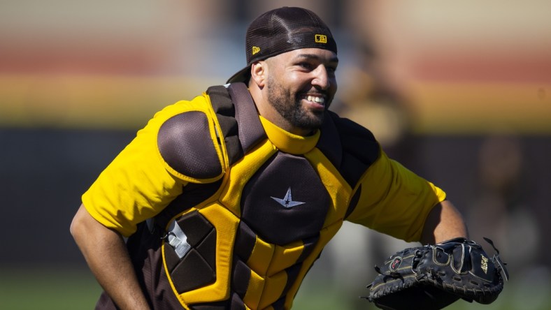 Mar 15, 2022; Peoria, AZ, USA; San Diego Padres catcher Victor Caratini during spring training workouts at the San Diego Padres Spring Training Complex. Mandatory Credit: Mark J. Rebilas-USA TODAY Sports