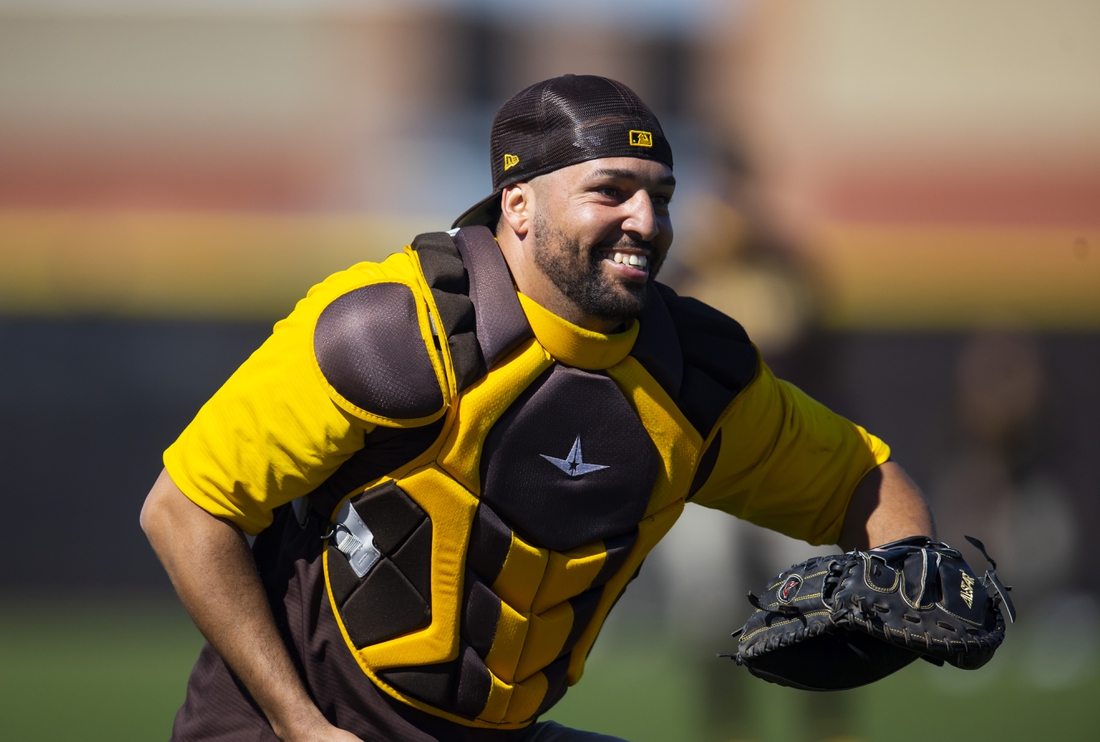 Mar 15, 2022; Peoria, AZ, USA; San Diego Padres catcher Victor Caratini during spring training workouts at the San Diego Padres Spring Training Complex. Mandatory Credit: Mark J. Rebilas-USA TODAY Sports