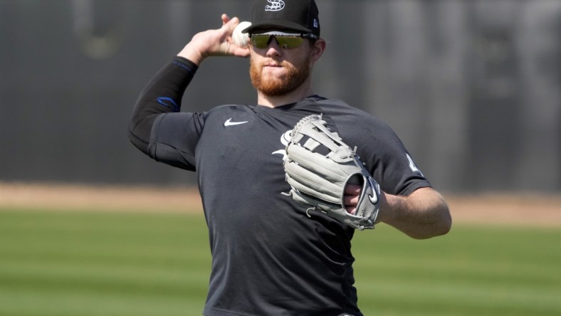 Mar 16, 2022; Glendale, AZ, USA; Chicago White Sox relief pitcher Craig Kimbrel (46) warms up during spring training camp at Camelback Ranch. Mandatory Credit: Rick Scuteri-USA TODAY Sports