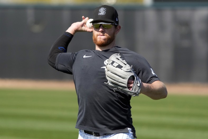 Mar 16, 2022; Glendale, AZ, USA; Chicago White Sox relief pitcher Craig Kimbrel (46) warms up during spring training camp at Camelback Ranch. Mandatory Credit: Rick Scuteri-USA TODAY Sports