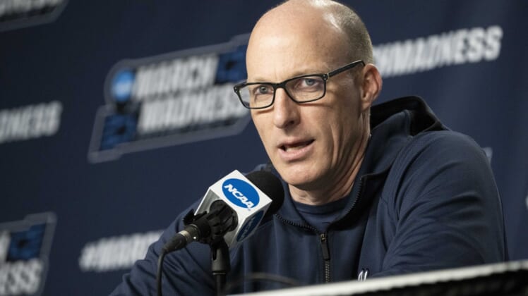 Mar 16, 2022; Portland, OR, USA; Akron Zips head coach John Groce answers questions from reporters during a press conference at Moda Center. Mandatory Credit: Troy Wayrynen-USA TODAY Sports
