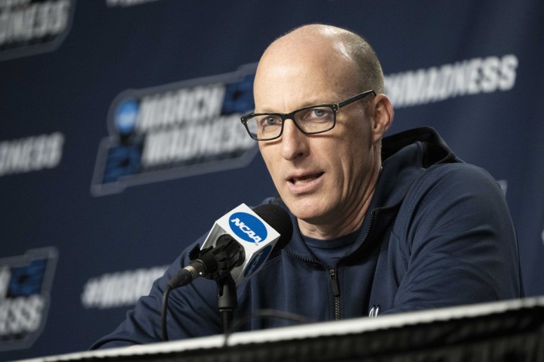 Mar 16, 2022; Portland, OR, USA; Akron Zips head coach John Groce answers questions from reporters during a press conference at Moda Center. Mandatory Credit: Troy Wayrynen-USA TODAY Sports