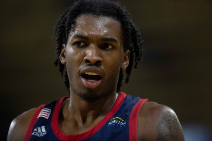 Detroit Mercy Titans guard Antoine Davis (0) reacts during The Basketball Classic presented by Eracism first-round matchup between the Detroit Mercy Titans and the Florida Gulf Coast Eagles, Wednesday, March 16, 2022, at Alico Arena in Fort Myers, Fla.Florida Gulf Coast Eagles defeated the Detroit Mercy Titans 95-79.

The Basketball Classic 2022: Detroit Mercy Titans at Florida Gulf Coast Eagles, first round, March 16, 2022