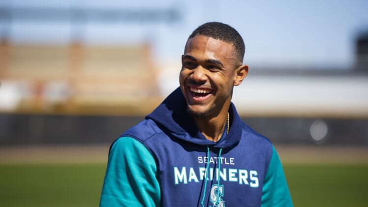 Mar 17, 2022; Peoria, AZ, USA; Seattle Mariners outfielder Julio Rodriguez during spring training workouts at Peoria Sports Complex. Mandatory Credit: Mark J. Rebilas-USA TODAY Sports