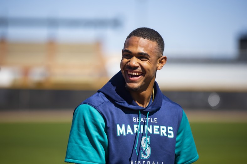Mar 17, 2022; Peoria, AZ, USA; Seattle Mariners outfielder Julio Rodriguez during spring training workouts at Peoria Sports Complex. Mandatory Credit: Mark J. Rebilas-USA TODAY Sports