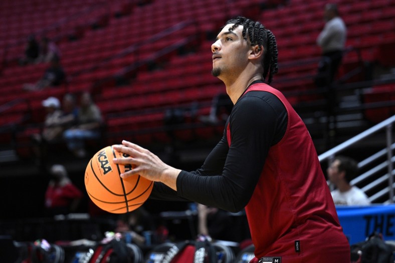 Mar 17, 2022; San Diego, CA, USA; Alabama Crimson Tide guard Jaden Shackelford (5) shoots the ball during practice before the first round of the 2022 NCAA Tournament at Viejas Arena. Mandatory Credit: Orlando Ramirez-USA TODAY Sports