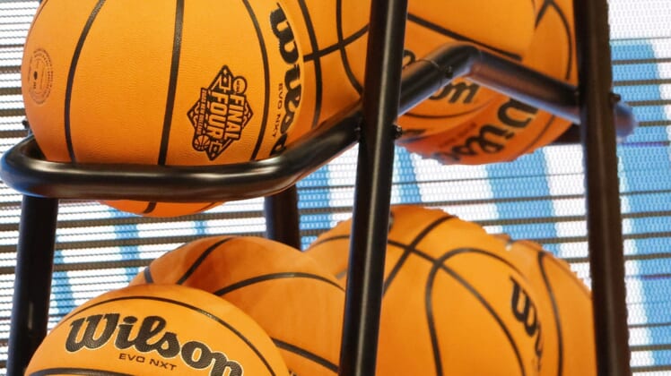 Mar 17, 2022; Pittsburgh, PA, USA; A view of balls on a rack during Chattanooga Mocs practice before the first round of the 2022 NCAA Tournament at PPG Paints Arena. Mandatory Credit: Geoff Burke-USA TODAY Sports