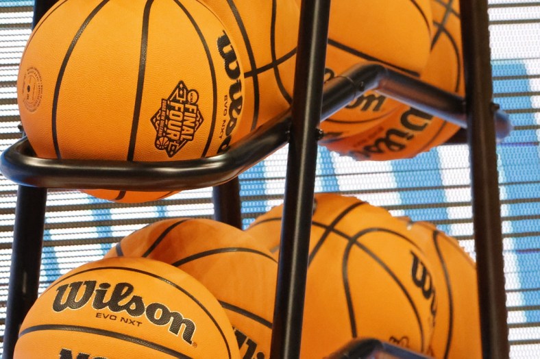 Mar 17, 2022; Pittsburgh, PA, USA; A view of balls on a rack during Chattanooga Mocs practice before the first round of the 2022 NCAA Tournament at PPG Paints Arena. Mandatory Credit: Geoff Burke-USA TODAY Sports