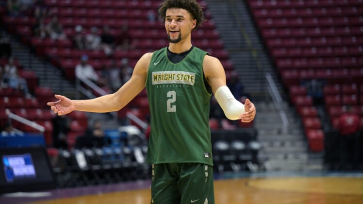 Mar 17, 2022; San Diego, CA, USA; Wright State Raiders guard Tanner Holden (2) gestures during practice before the first round of the 2022 NCAA Tournament at Viejas Arena. Mandatory Credit: Orlando Ramirez-USA TODAY Sports