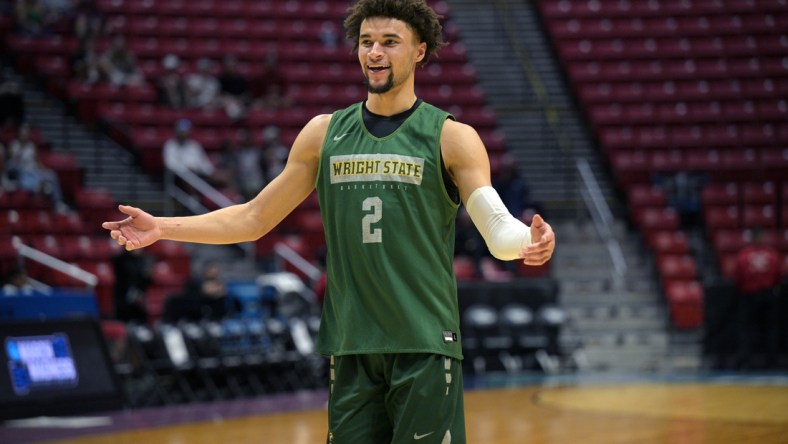 Mar 17, 2022; San Diego, CA, USA; Wright State Raiders guard Tanner Holden (2) gestures during practice before the first round of the 2022 NCAA Tournament at Viejas Arena. Mandatory Credit: Orlando Ramirez-USA TODAY Sports