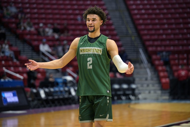Mar 17, 2022; San Diego, CA, USA; Wright State Raiders guard Tanner Holden (2) gestures during practice before the first round of the 2022 NCAA Tournament at Viejas Arena. Mandatory Credit: Orlando Ramirez-USA TODAY Sports