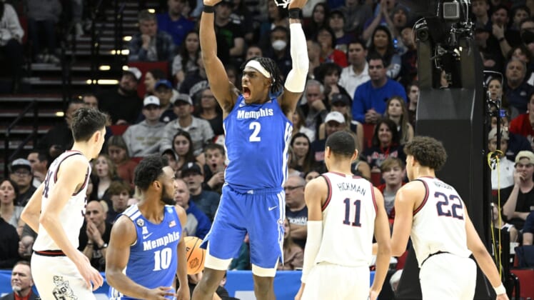 Mar 19, 2022; Portland, OR, USA; Memphis Tigers center Jalen Duren (2) reacts to a play against the Gonzaga Bulldogs during the first half in the second round of the 2022 NCAA Tournament at Moda Center. Mandatory Credit: Troy Wayrynen-USA TODAY Sports