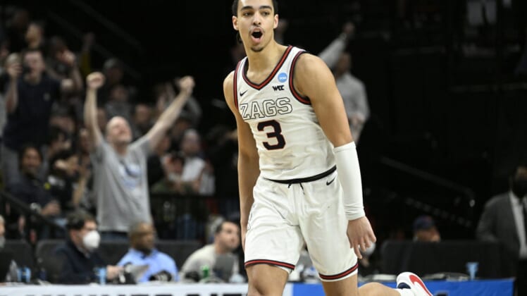 Mar 19, 2022; Portland, OR, USA; Gonzaga Bulldogs guard Andrew Nembhard (3) reacts to a play against Memphis Tigers during the second half in the second round of the 2022 NCAA Tournament at Moda Center. Mandatory Credit: Troy Wayrynen-USA TODAY Sports
