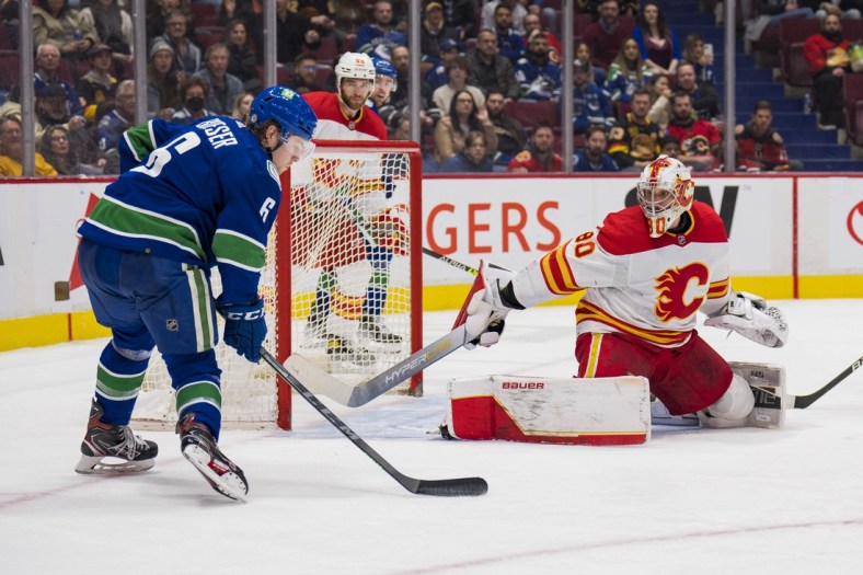 Mar 19, 2022; Vancouver, British Columbia, CAN; Calgary Flames goalie Dan Vladar (80) makes a save against Vancouver Canucks forward Brock Boeser (6) in the third period at Rogers Arena. The Flames won 5-2. Mandatory Credit: Bob Frid-USA TODAY Sports