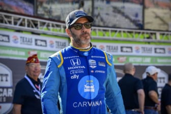 Mar 20, 2022; Fort Worth, Texas, USA; Chip Ganassi Racing driver Jimmie Johnson (48) of United States is introduced before the start of the NTT IndyCar Series XPEL 375 race at Texas Motor Speedway. Mandatory Credit: Jerome Miron-USA TODAY Sports