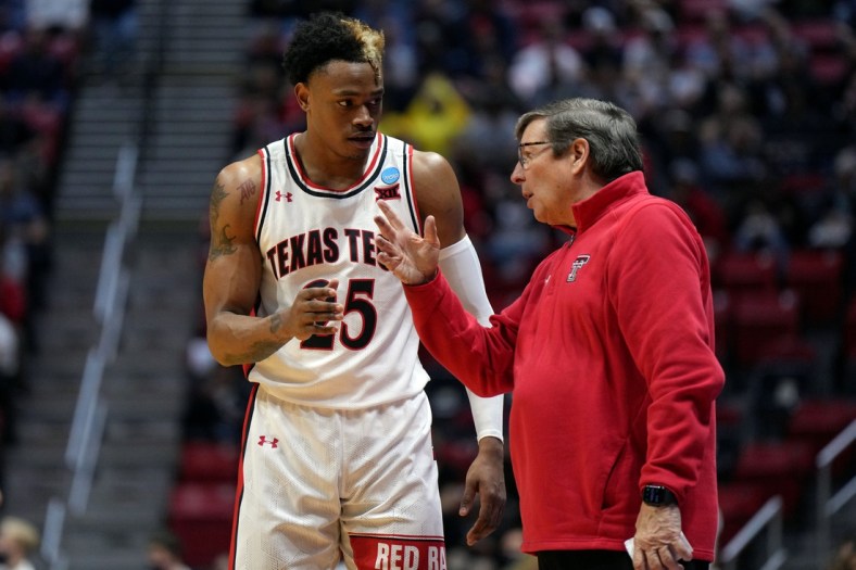 Mar 20, 2022; San Diego, CA, USA; Texas Tech Red Raiders guard Adonis Arms (25) talks with head coach Mark Adams in the second half against the Notre Dame Fighting Irish during the second round of the 2022 NCAA Tournament at Viejas Arena. Mandatory Credit: Kirby Lee-USA TODAY Sports