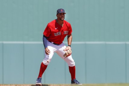 Mar 21, 2022; Fort Myers, Florida, USA; Boston Red Sox shortstop Xander Bogaerts (2) looks own from the field during the fourth inning of the game against the Atlanta Braves during spring training at JetBlue Park at Fenway South. Mandatory Credit: Sam Navarro-USA TODAY Sports