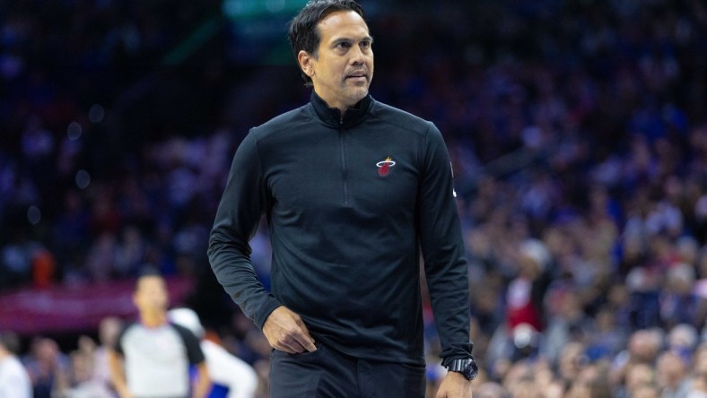 Mar 21, 2022; Philadelphia, Pennsylvania, USA; Miami Heat head coach Erik Spoelstra looks on during the second quarter against the Philadelphia 76ers at Wells Fargo Center. Mandatory Credit: Bill Streicher-USA TODAY Sports