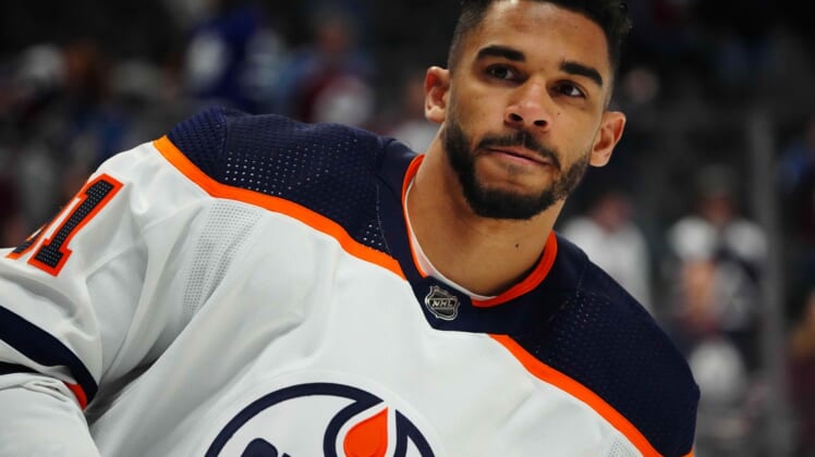 Mar 21, 2022; Denver, Colorado, USA; Edmonton Oilers left wing Evander Kane (91) before the game against the Colorado Avalanche at Ball Arena. Mandatory Credit: Ron Chenoy-USA TODAY Sports