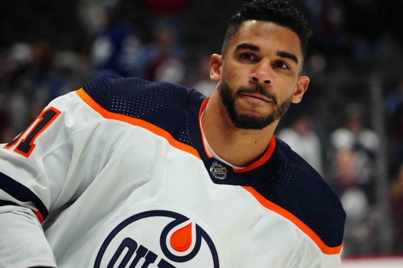 Mar 21, 2022; Denver, Colorado, USA; Edmonton Oilers left wing Evander Kane (91) before the game against the Colorado Avalanche at Ball Arena. Mandatory Credit: Ron Chenoy-USA TODAY Sports