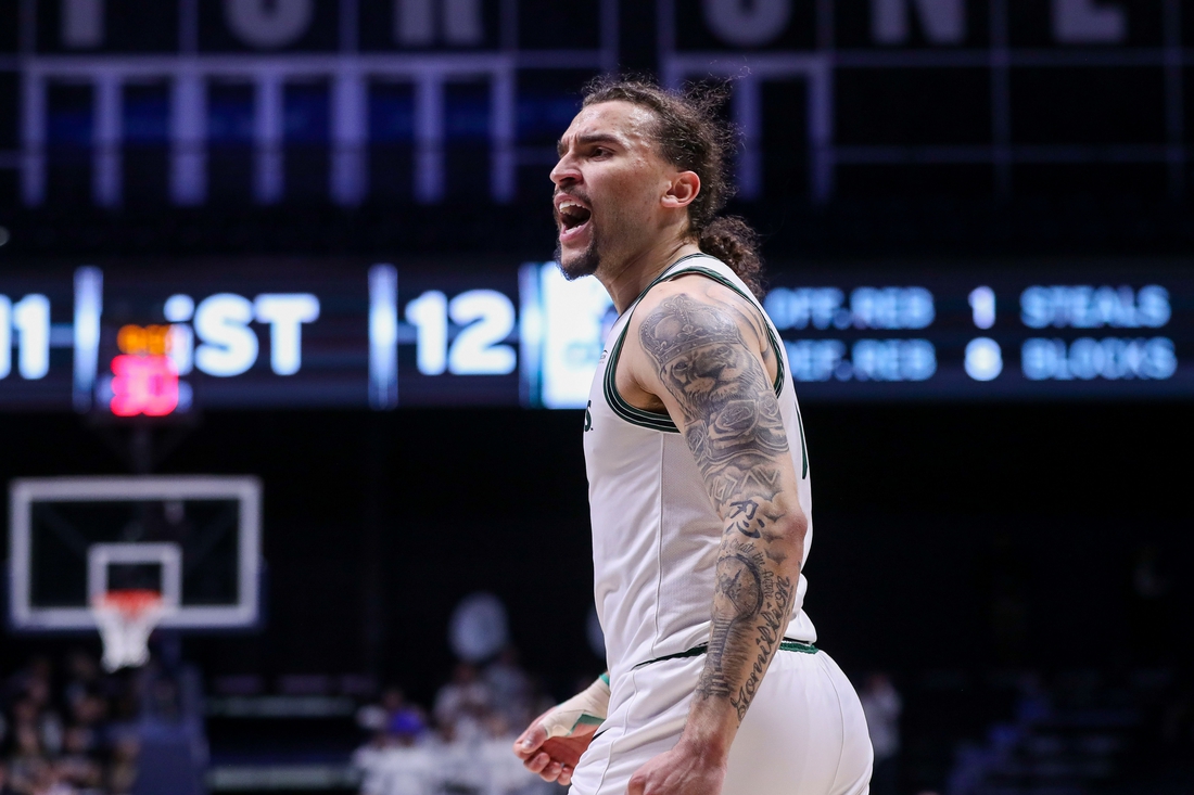 Mar 15, 2022; Cincinnati, Ohio, USA; Cleveland State Vikings guard Tre Gomillion (5) reacts after a play in the first half against the Xavier Musketeers at Cintas Center. Mandatory Credit: Katie Stratman-USA TODAY Sports