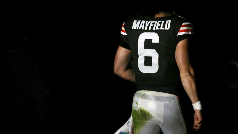 Cleveland Browns quarterback Baker Mayfield heads to the locker room following a 37-14 loss against the Arizona Cardinals at FirstEnergy Stadium, Sunday, Oct. 17, 2021, in Cleveland, Ohio. Baker's streak of 53 consecutive starts will come to an end on Thursday as Case Keenum has been named the starter for the Browns' matchup against the Denver Broncos.

Bakertunnel