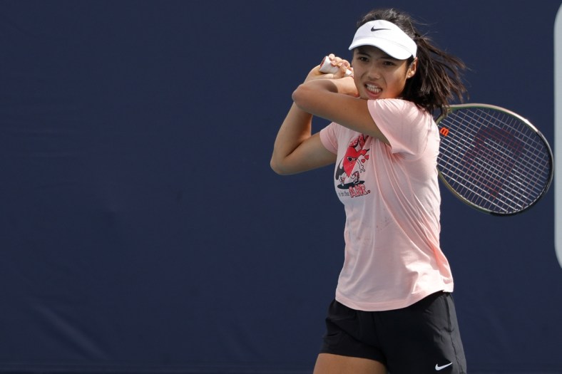 Mar 22, 2022; Miami Gardens, FL, USA; Emma Raducanu of Great Britain hits a backhand during a practice session in the Miami Open at Hard Rock Stadium. Mandatory Credit: Geoff Burke-USA TODAY Sports