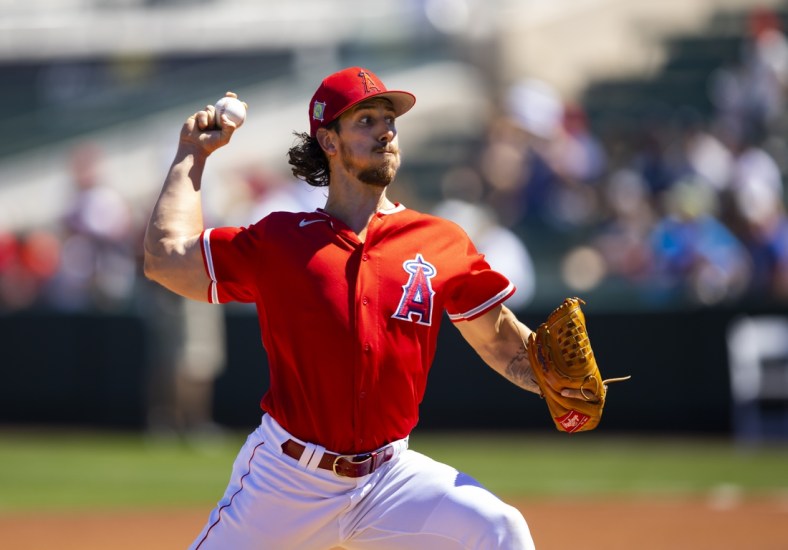 Mar 24, 2022; Tempe, Arizona, USA; Los Angeles Angels pitcher Michael Lorenzen against the Chicago Cubs during a spring training game at Tempe Diablo Stadium. Mandatory Credit: Mark J. Rebilas-USA TODAY Sports