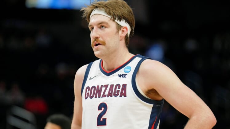 Mar 24, 2022; San Francisco, CA, USA; Gonzaga Bulldogs forward Drew Timme (2) looks on during a break in play against the Arkansas Razorbacks during the first half in the semifinals of the West regional of the men's college basketball NCAA Tournament at Chase Center. Mandatory Credit: Kelley L Cox-USA TODAY Sports