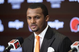 Mar 25, 2022; Berea, OH, USA;  Cleveland Browns quarterback Deshaun Watson talks with the media during a press conference at the CrossCountry Mortgage Campus. Mandatory Credit: Ken Blaze-USA TODAY Sports