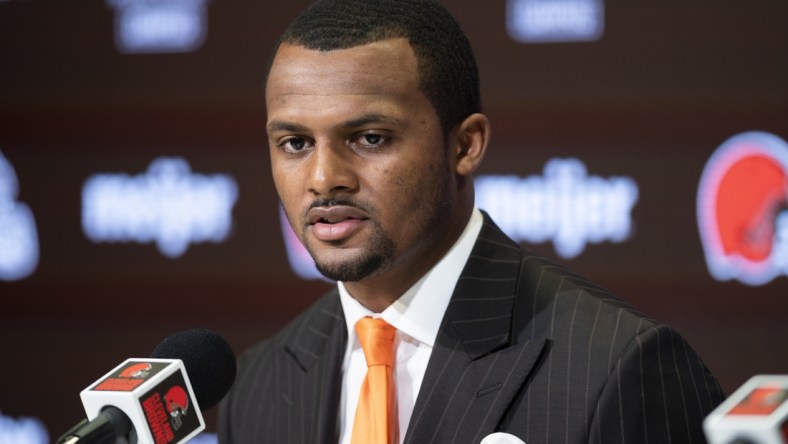 Mar 25, 2022; Berea, OH, USA;  Cleveland Browns quarterback Deshaun Watson talks with the media during a press conference at the CrossCountry Mortgage Campus. Mandatory Credit: Ken Blaze-USA TODAY Sports