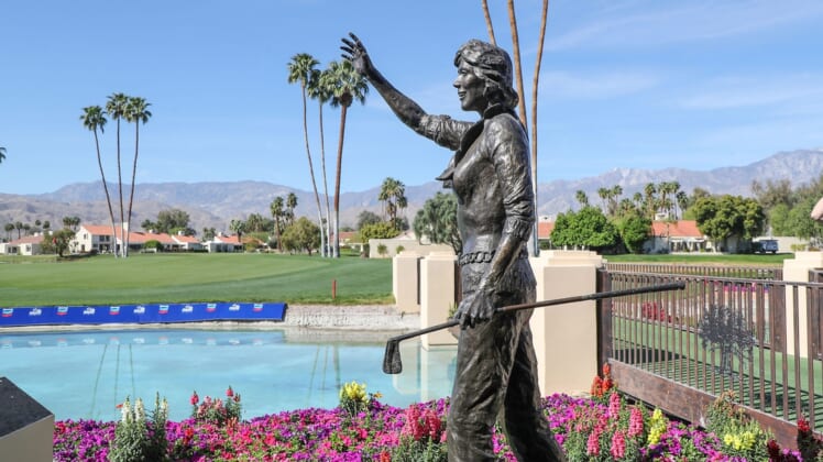 A statue of Dinah Shore overlooks the 18th green at Mission Hills Country Club Tournament Course in Rancho Mirage, Calif., March 24, 2022.  The course will host the Chevron Championship here March 30 through April 3rd.Mission Hills Chevron Preview 2