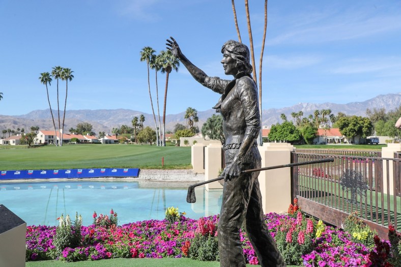 A statue of Dinah Shore overlooks the 18th green at Mission Hills Country Club Tournament Course in Rancho Mirage, Calif., March 24, 2022.  The course will host the Chevron Championship here March 30 through April 3rd.

Mission Hills Chevron Preview 2