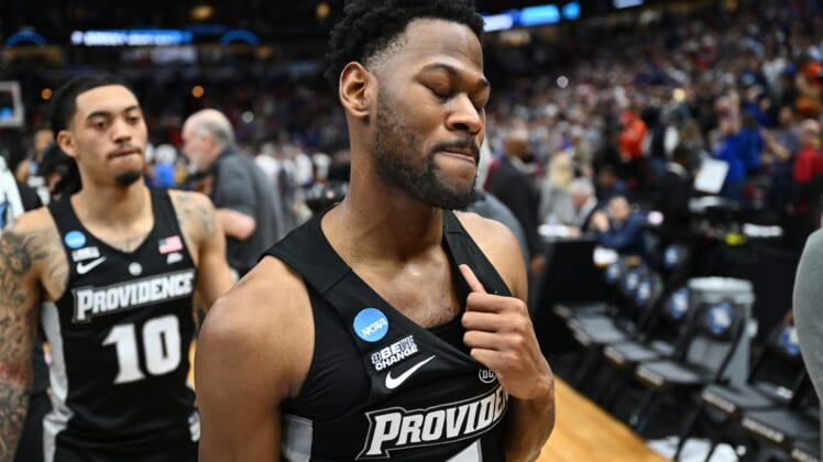 Mar 25, 2022; Chicago, IL, USA; Providence Friars guard Al Durham (1) leaves the floor after the Friars lost 66-61 to the Kansas Jayhawks in the semifinals of the Midwest regional of the men's college basketball NCAA Tournament at United Center. Mandatory Credit: Jamie Sabau-USA TODAY Sports
