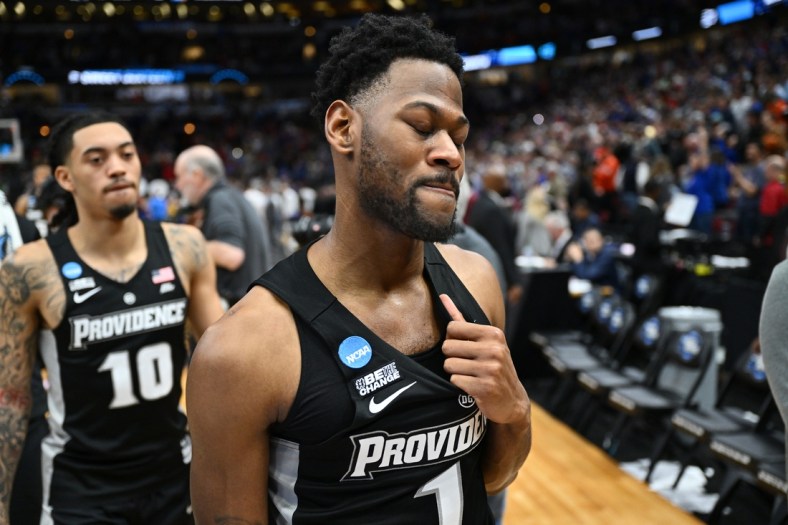 Mar 25, 2022; Chicago, IL, USA; Providence Friars guard Al Durham (1) leaves the floor after the Friars lost 66-61 to the Kansas Jayhawks in the semifinals of the Midwest regional of the men's college basketball NCAA Tournament at United Center. Mandatory Credit: Jamie Sabau-USA TODAY Sports