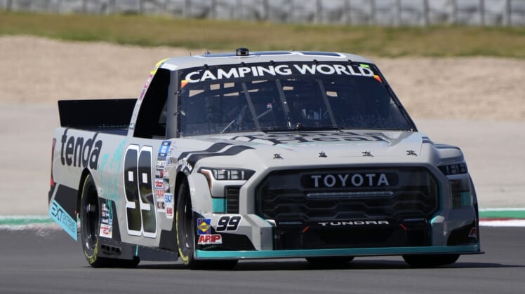 Mar 26, 2022; Austin, Texas, USA; NASCAR Truck Series driver Ben Rhodes (99) during the XPEL 225 at Circuit of the Americas. Mandatory Credit: Mike Dinovo-USA TODAY Sports