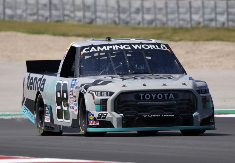 Mar 26, 2022; Austin, Texas, USA; NASCAR Truck Series driver Ben Rhodes (99) during the XPEL 225 at Circuit of the Americas. Mandatory Credit: Mike Dinovo-USA TODAY Sports