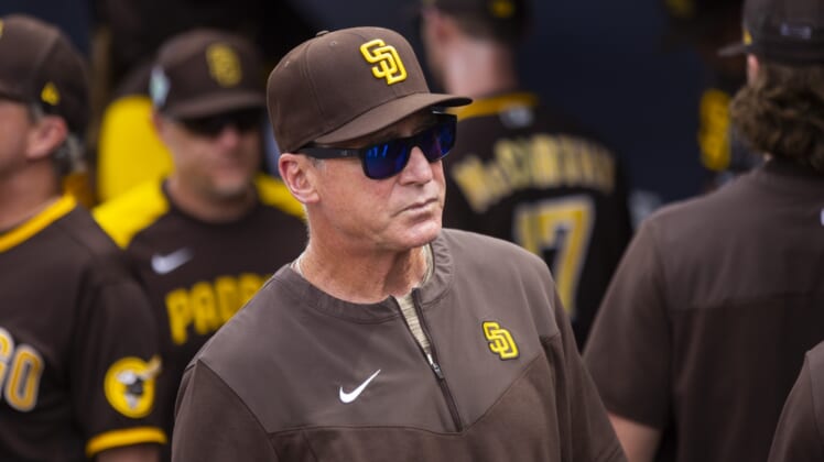 Mar 26, 2022; Peoria, Arizona, USA; San Diego Padres manager Bob Melvin against the Chicago Cubs during a spring training game at Peoria Sports Complex. Mandatory Credit: Mark J. Rebilas-USA TODAY Sports
