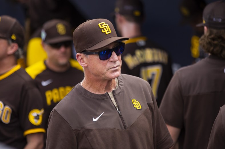 Mar 26, 2022; Peoria, Arizona, USA; San Diego Padres manager Bob Melvin against the Chicago Cubs during a spring training game at Peoria Sports Complex. Mandatory Credit: Mark J. Rebilas-USA TODAY Sports