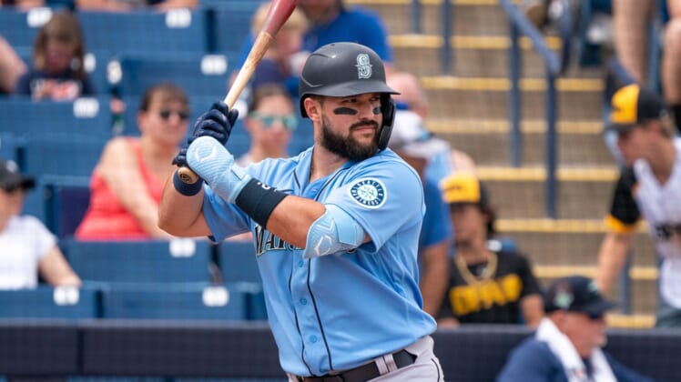 Mar 26, 2022; Phoenix, Arizona, USA; Seattle Mariners designated hitter Luis Torrens (22) at bat in the first inning during a spring training game against the Milwaukee Brewers at American Family Fields of Phoenix. Mandatory Credit: Allan Henry-USA TODAY Sports